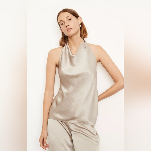 VINCE Champagne Gold Draped Back Satin Halter Top - Picture 1 of 12